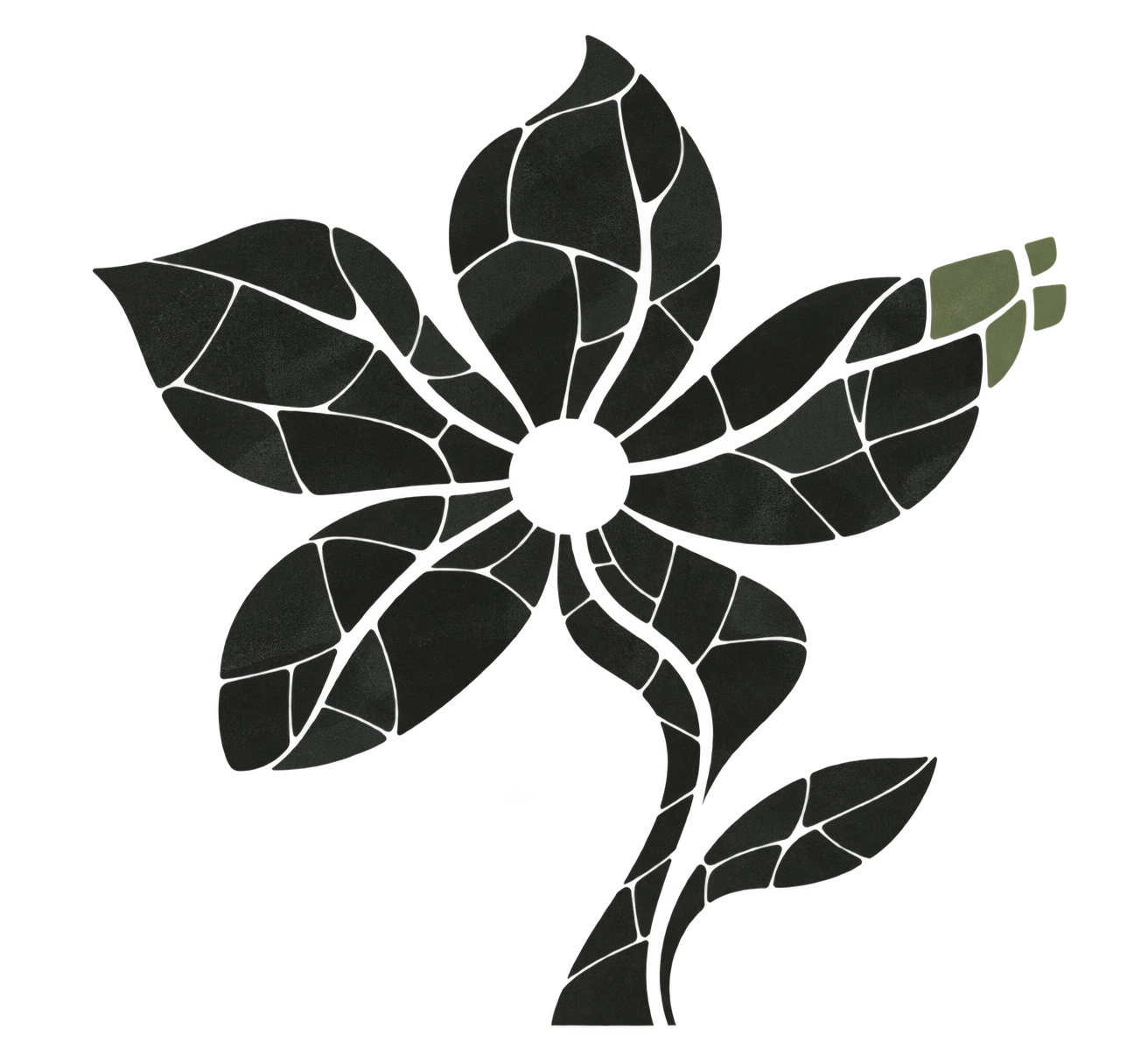 An abstract perennial bloom constructed from fitted ink fragments, with new growth forming at its edge